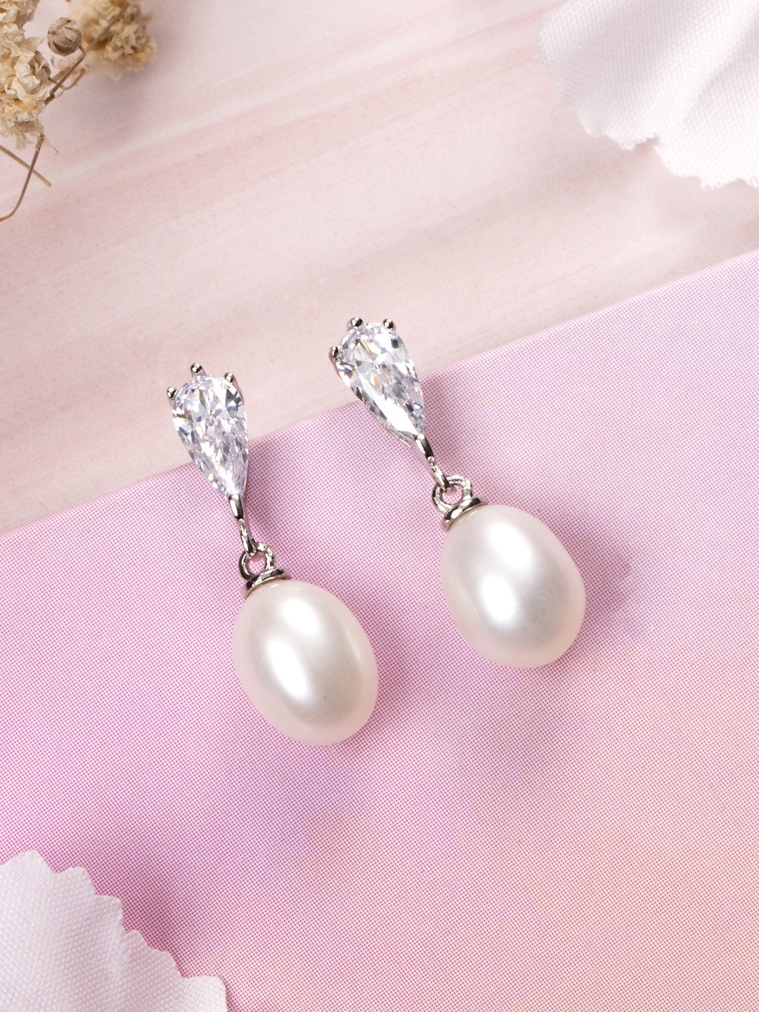 

Zavya Teardrop Shaped Rhodium-Plated 925 Sterling Silver Pearl Drop Earrings