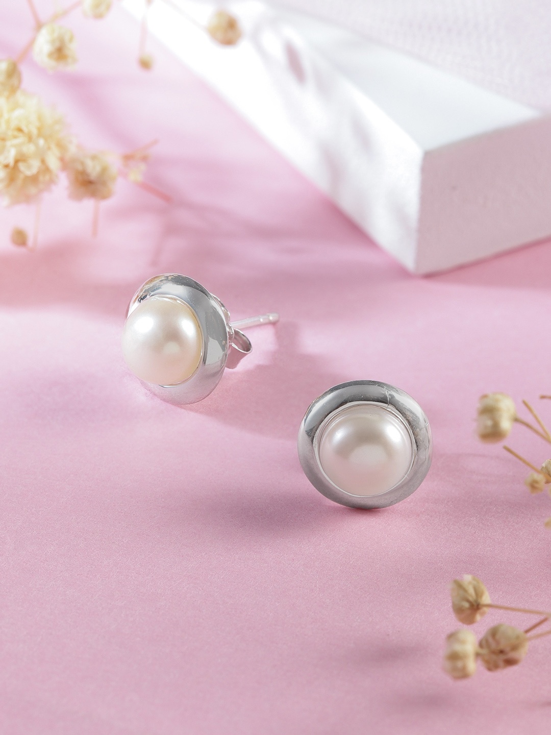 

Zavya Circular Rhodium-Plated 925 Sterling Silver Pearl Stud Earrings