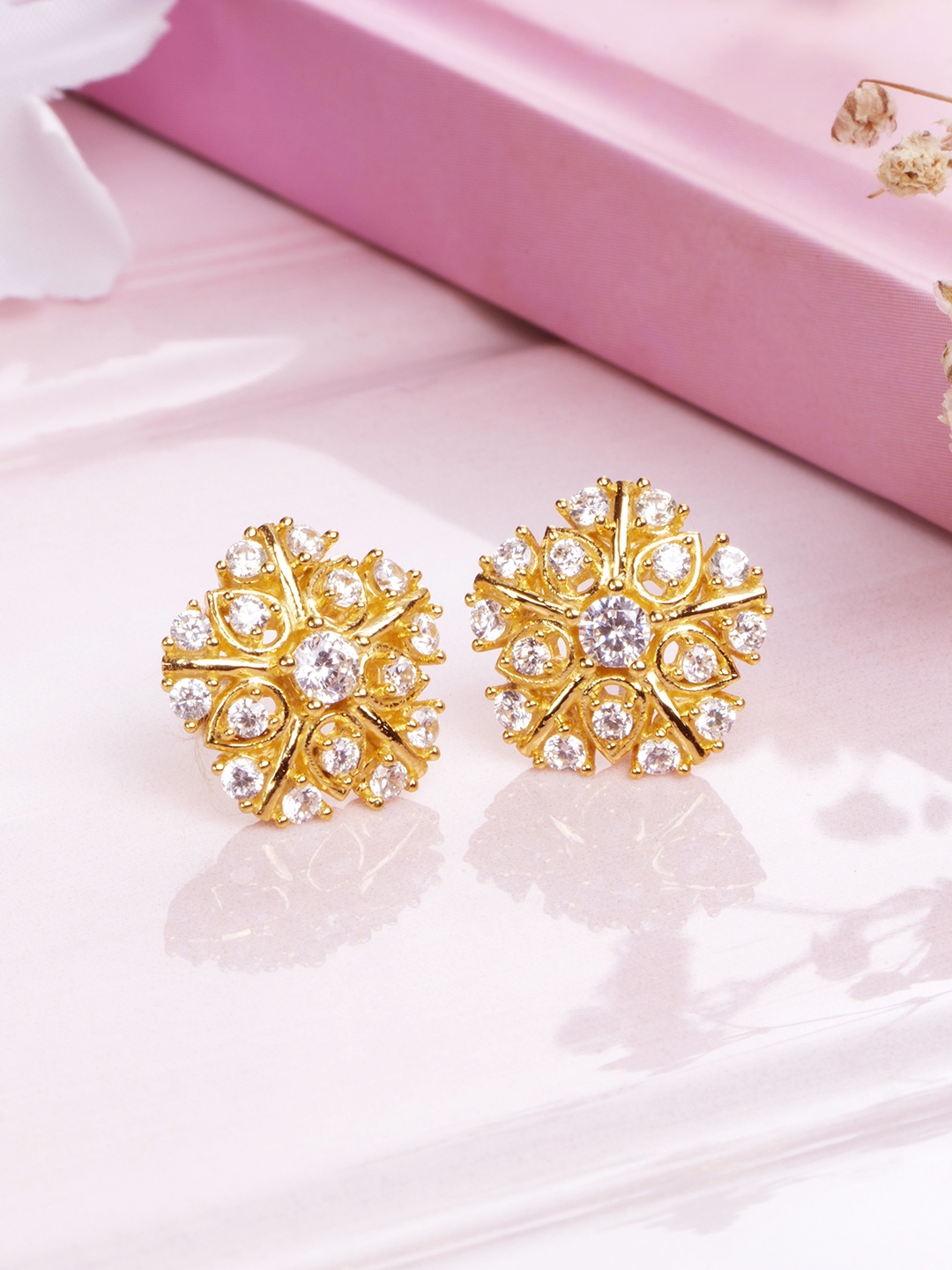 

Zavya Floral Gold-Plated 925 Sterling Silver CZ Studded Stud Earrings