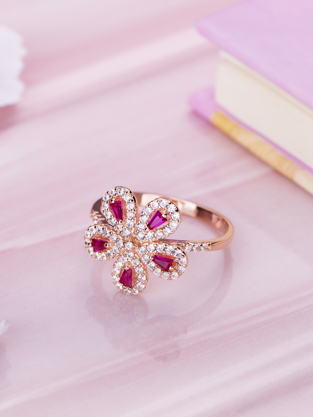 

Zavya Women 925 Sterling Silver Rose Gold-Plated CZ Studded Finger Ring