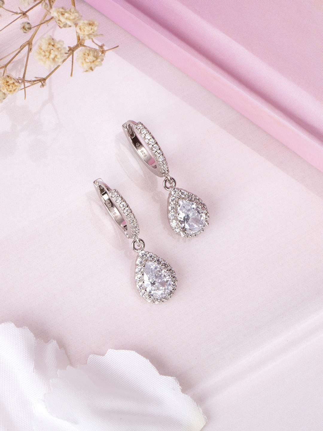 

Zavya Teardrop Shaped Rhodium-Plated 925 Sterling Silver CZ Studded Hoop Earrings