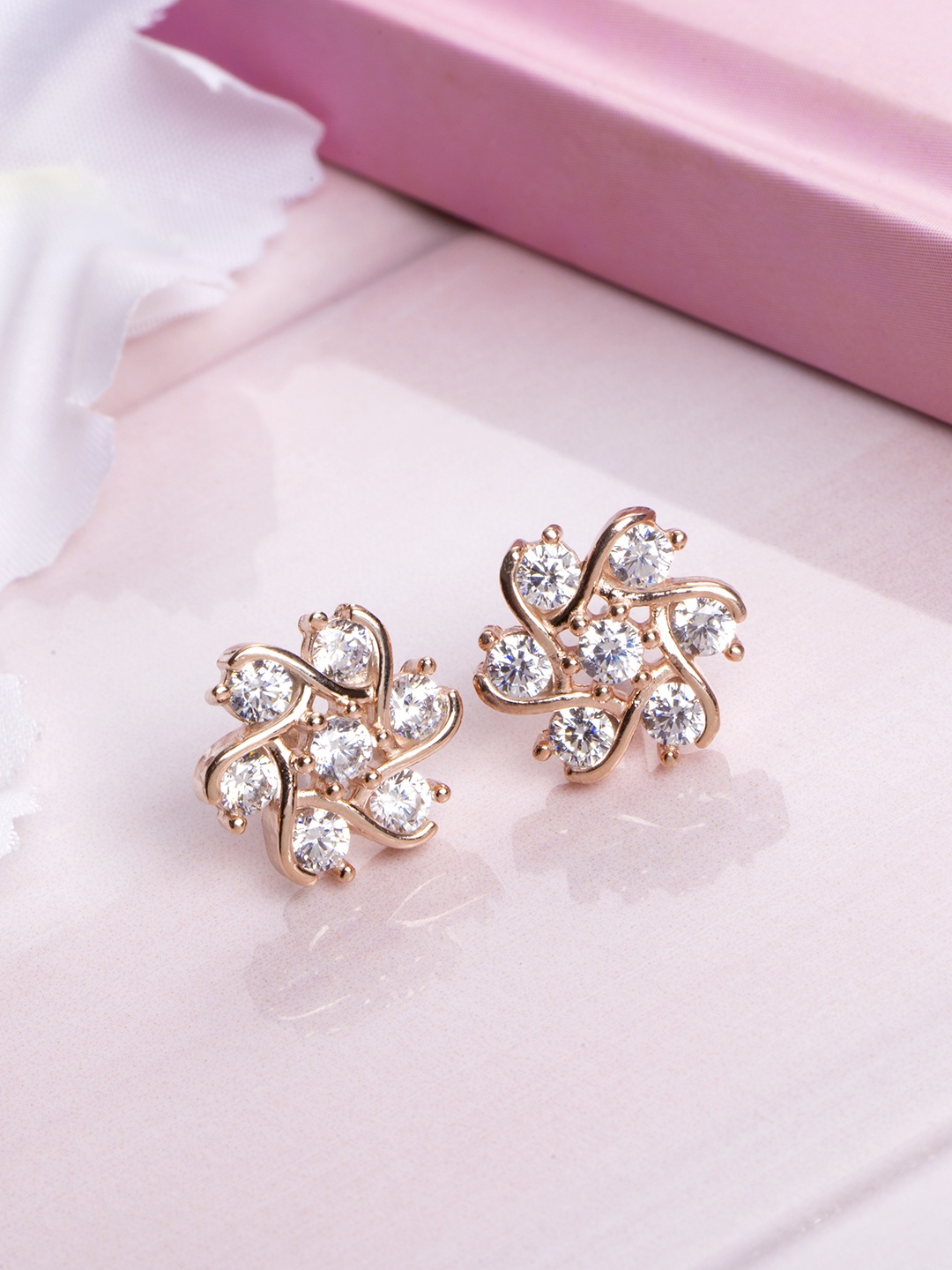 

Zavya Floral Rose Gold-Plated 925 Sterling Silver CZ Studded Stud Earrings