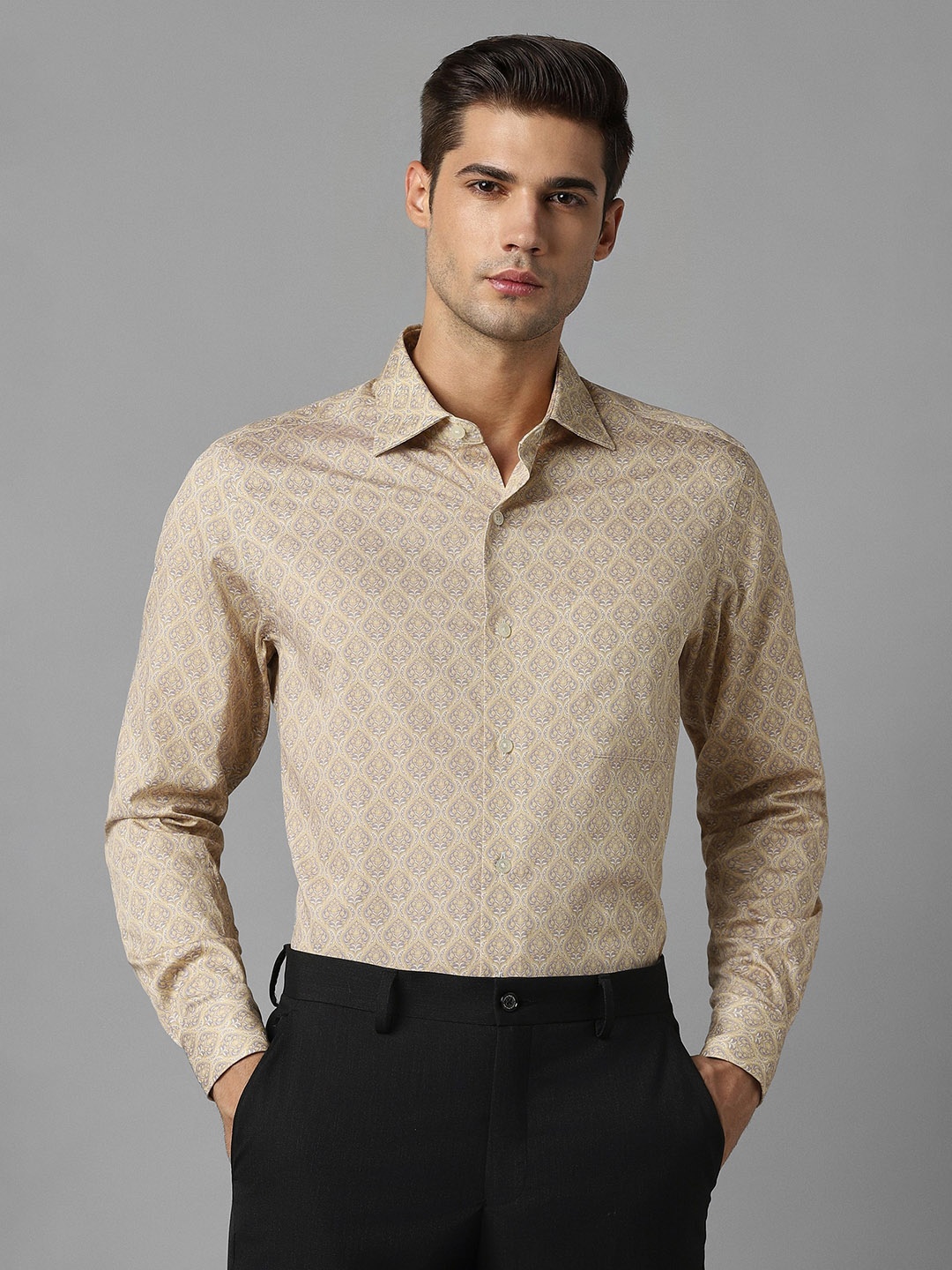 

Louis Philippe Gods & Kings Ethnic Motifs Printed Giza Cotton Formal Shirt, Beige