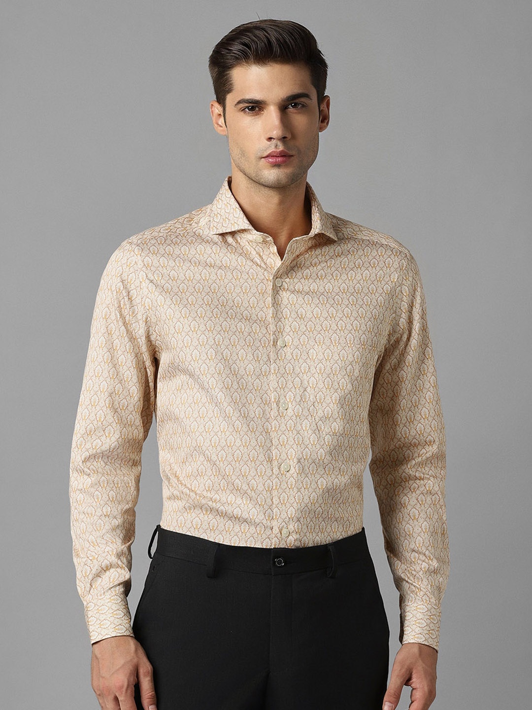 

Louis Philippe Floral Printed Spread Collar Cotton Formal Shirt, Beige