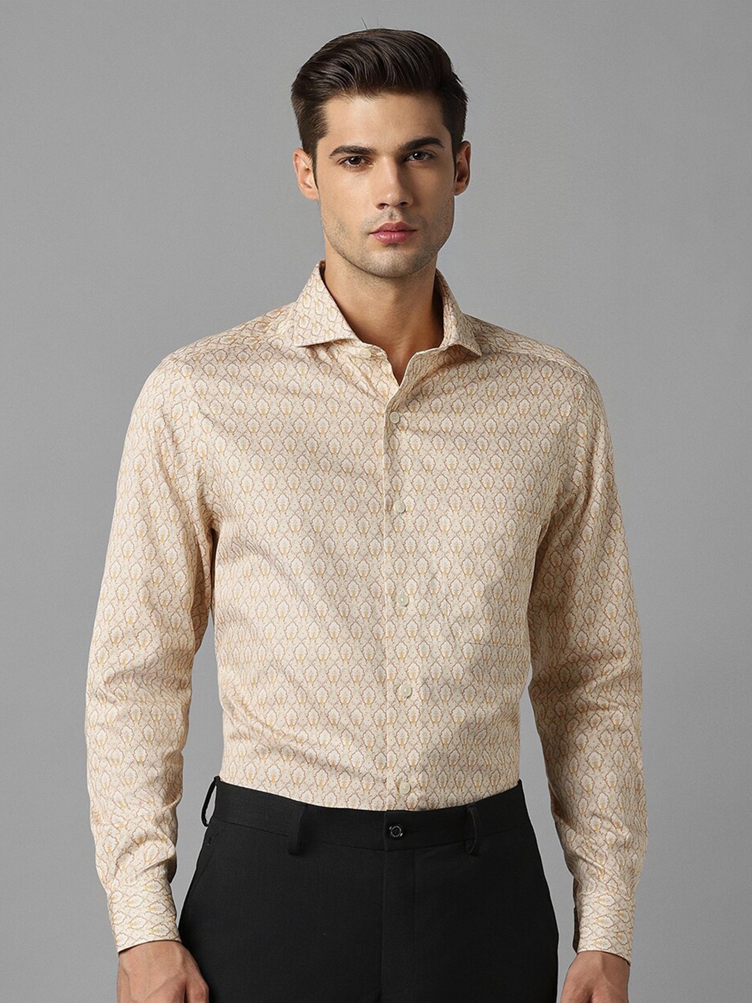 Louis Philippe Gods & Kings Micro Ditsy Printed Opaque Giza Cotton Formal Shirt, Beige
