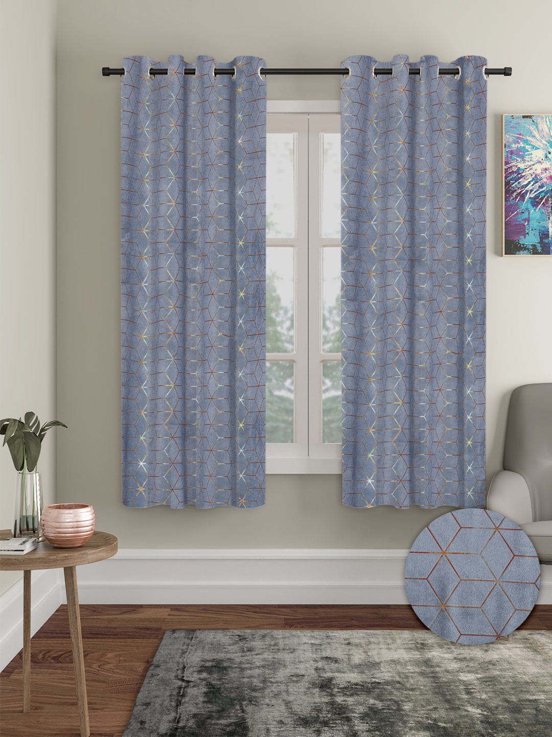 Cortina Grey & Red 2 Pieces Geometric Room Darkening Velvet Window Curtains