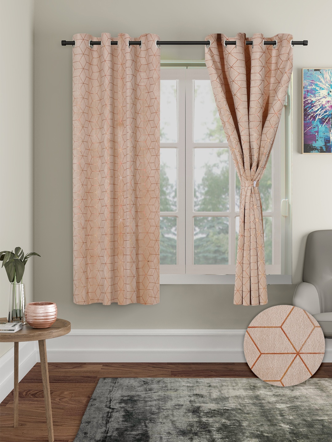 

Cortina Pink & Red 2 Pieces Geometric Printed Room Darkening Window Curtain