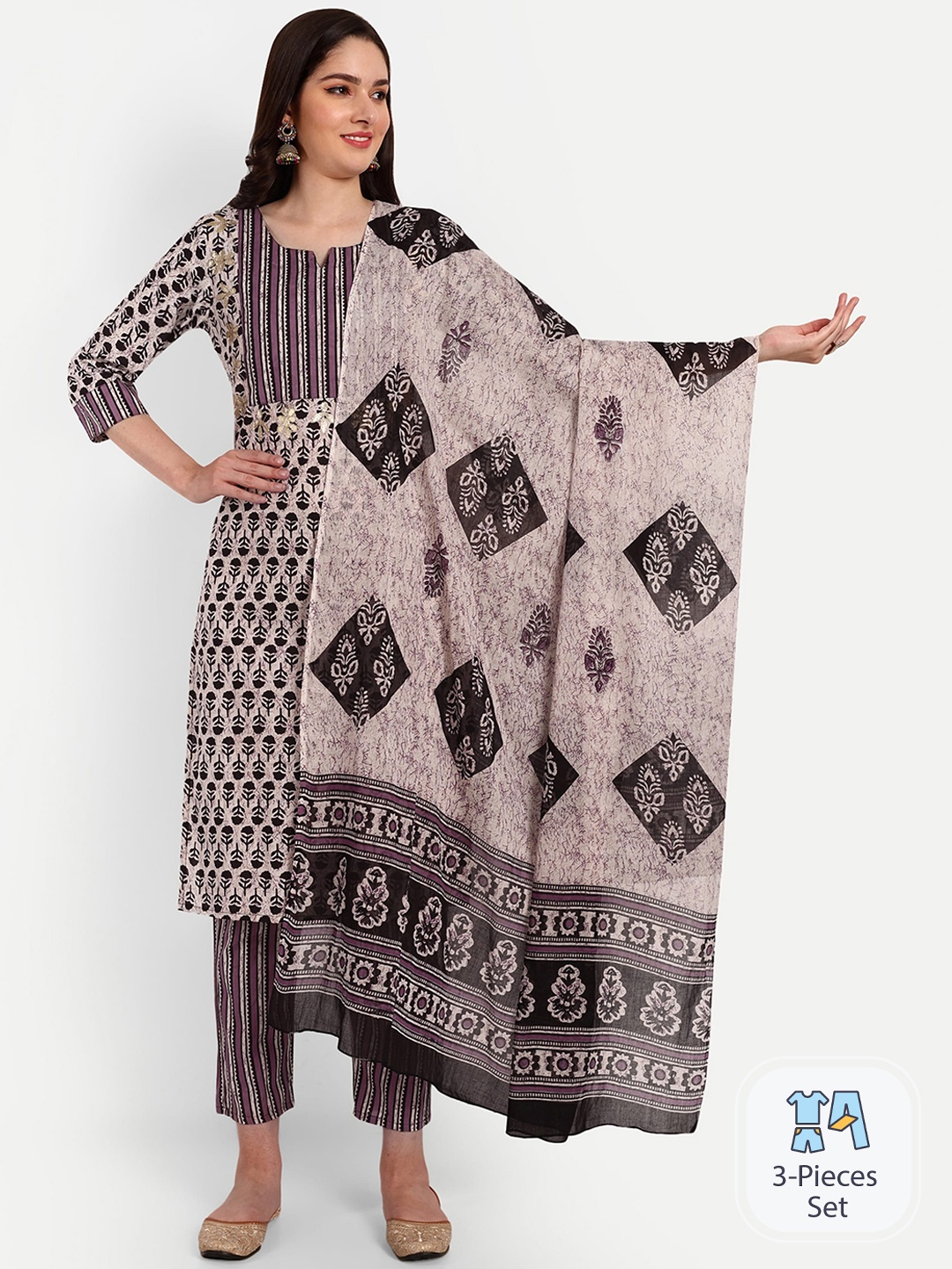 

Krati Creations Ethnic Motif Printed Regular Pure Cotton Kurta With Trousers & Dupatta, Mauve