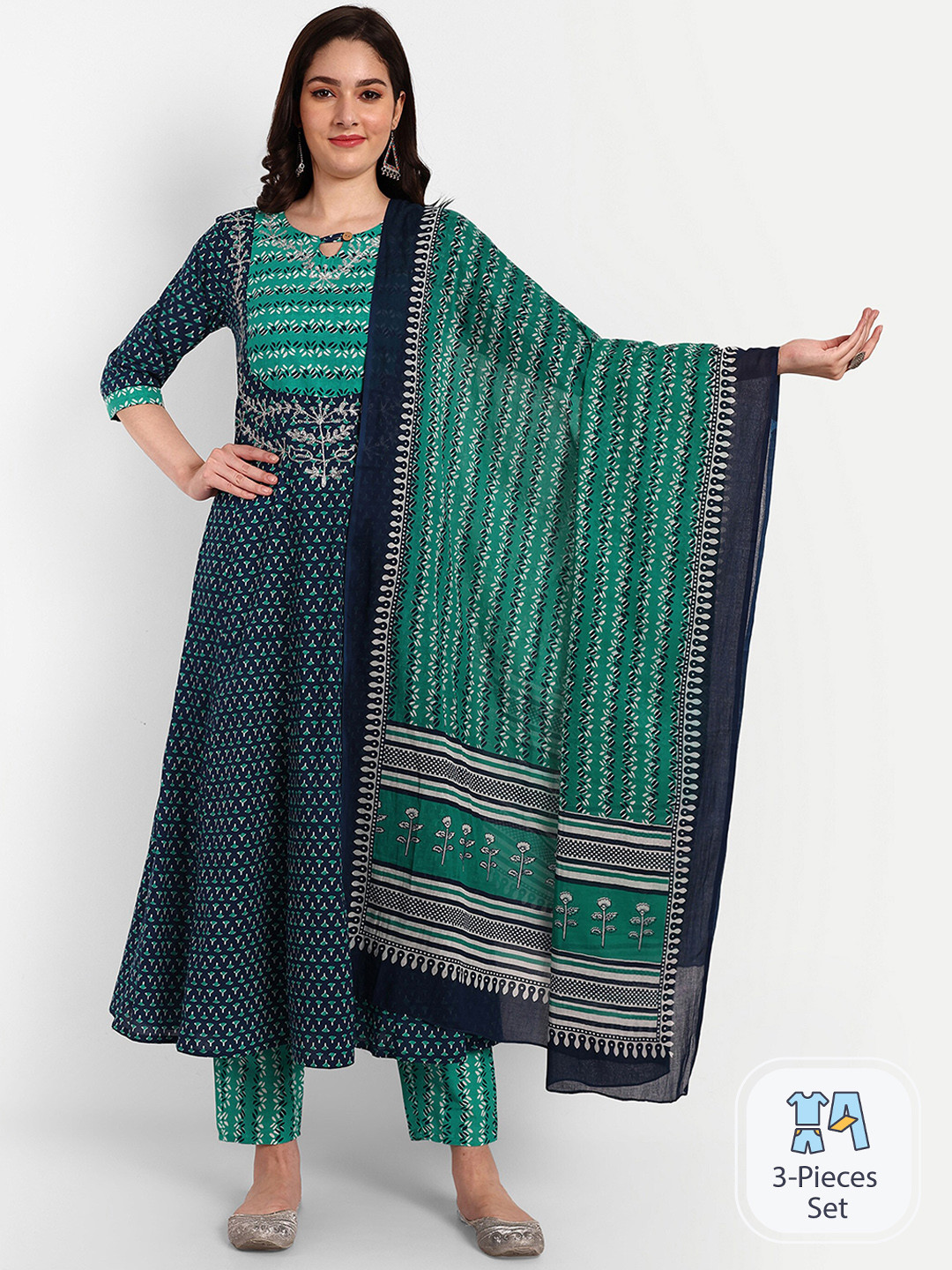 

Krati Creations Ethnic Motifs Printed Pure Cotton Anarkali Kurta With Trousers & Dupatta, Navy blue