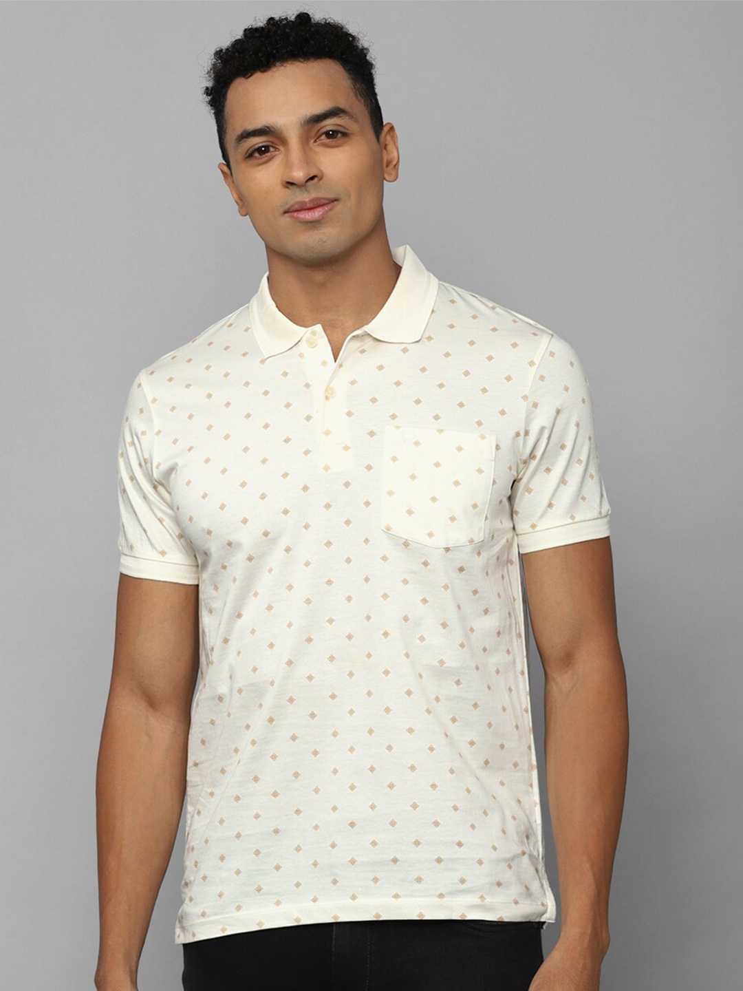 

Allen Solly Geometric Printed Polo Collar Pockets Pure Cotton T-shirt, Cream