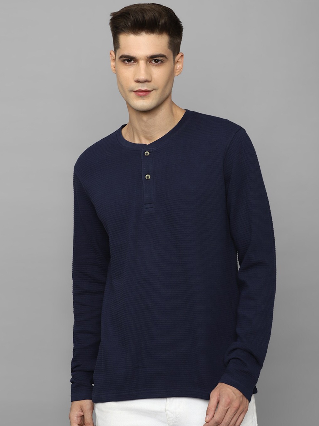 

Allen Solly Self Design Henley Neck Pure Cotton T-shirt, Navy blue