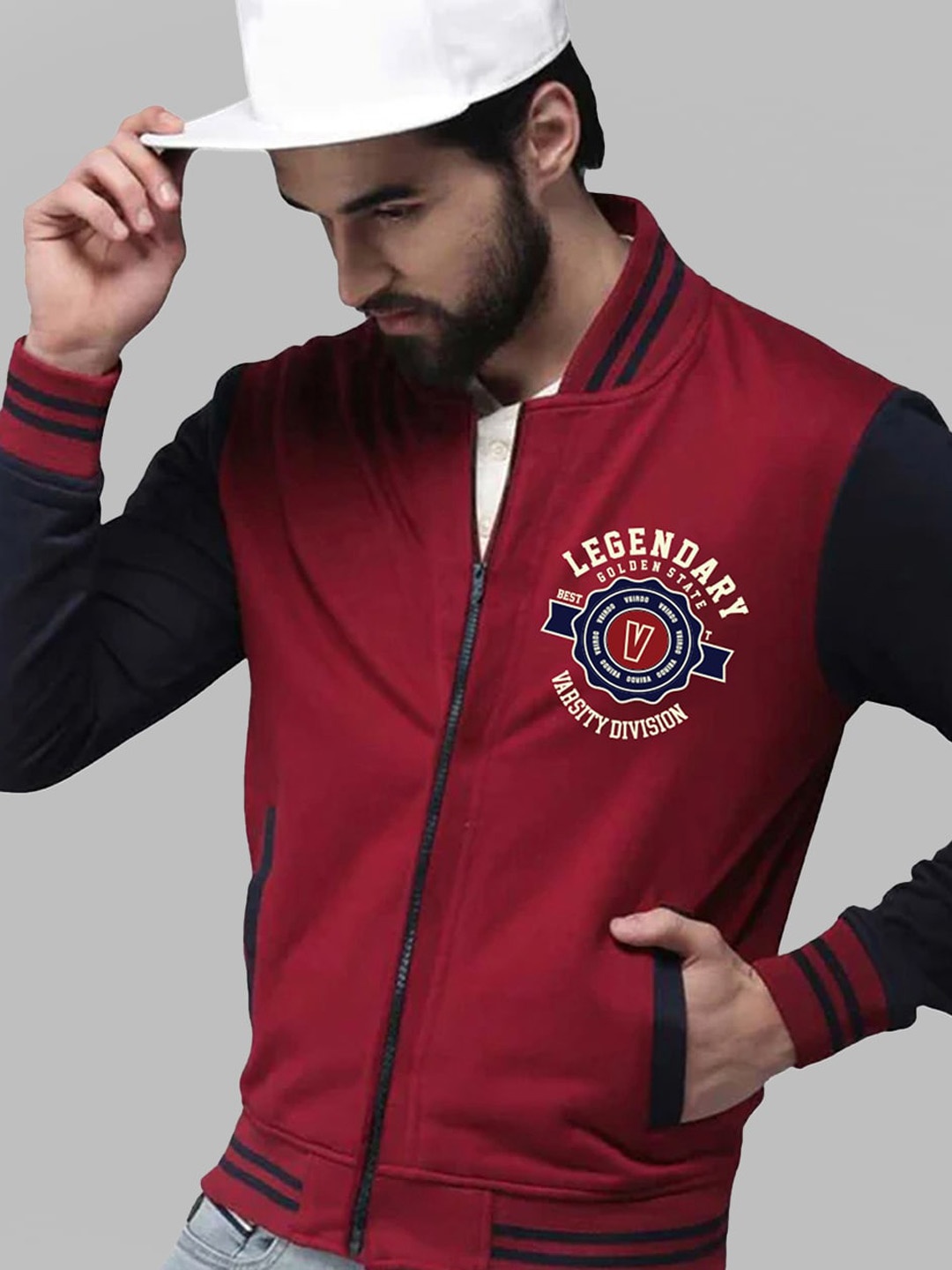 

VEIRDO Mock Collar Fleece Varsity Jacket, Navy blue