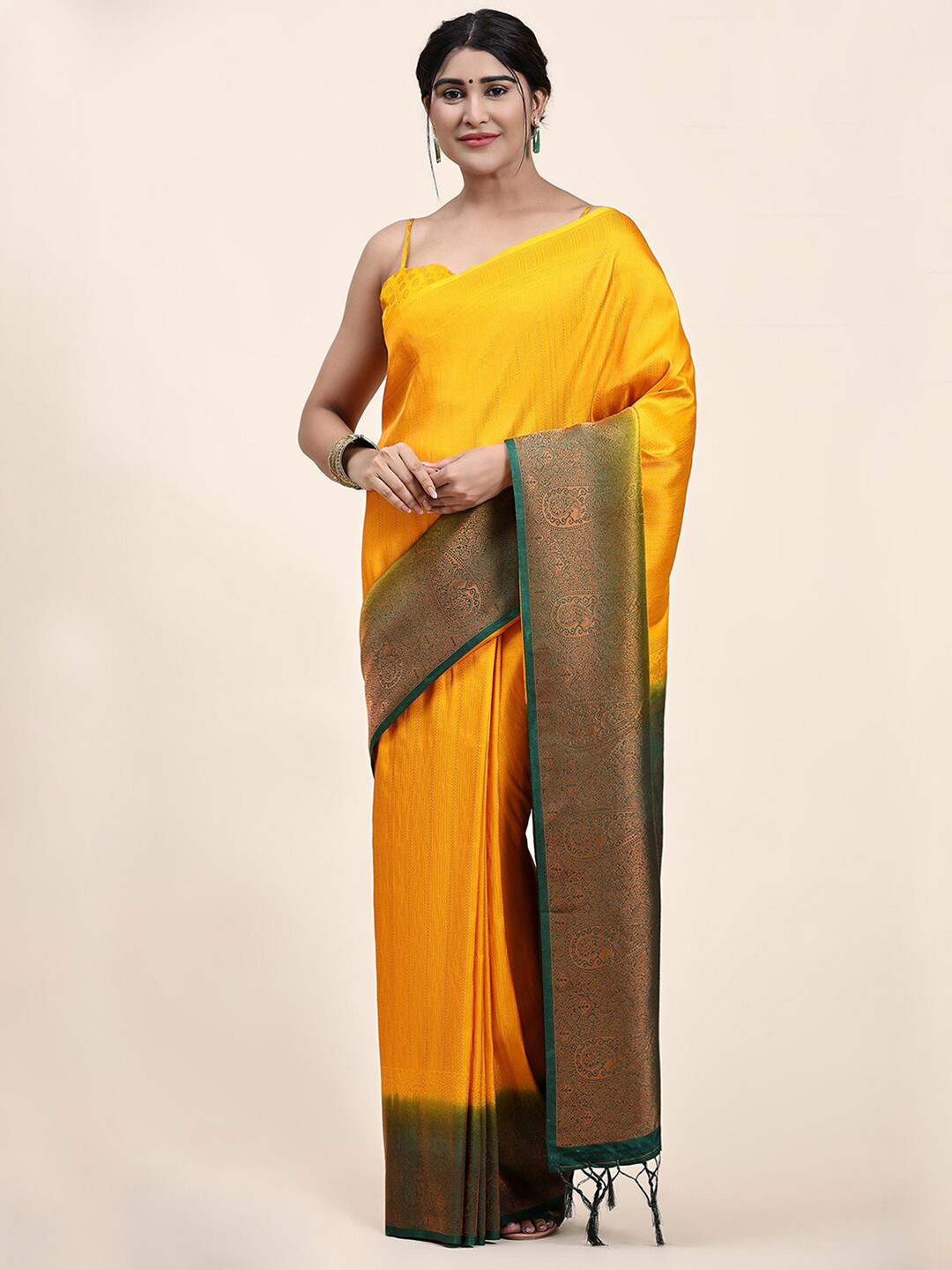 

Satrani Yellow And Green Woven Design Zari Saree