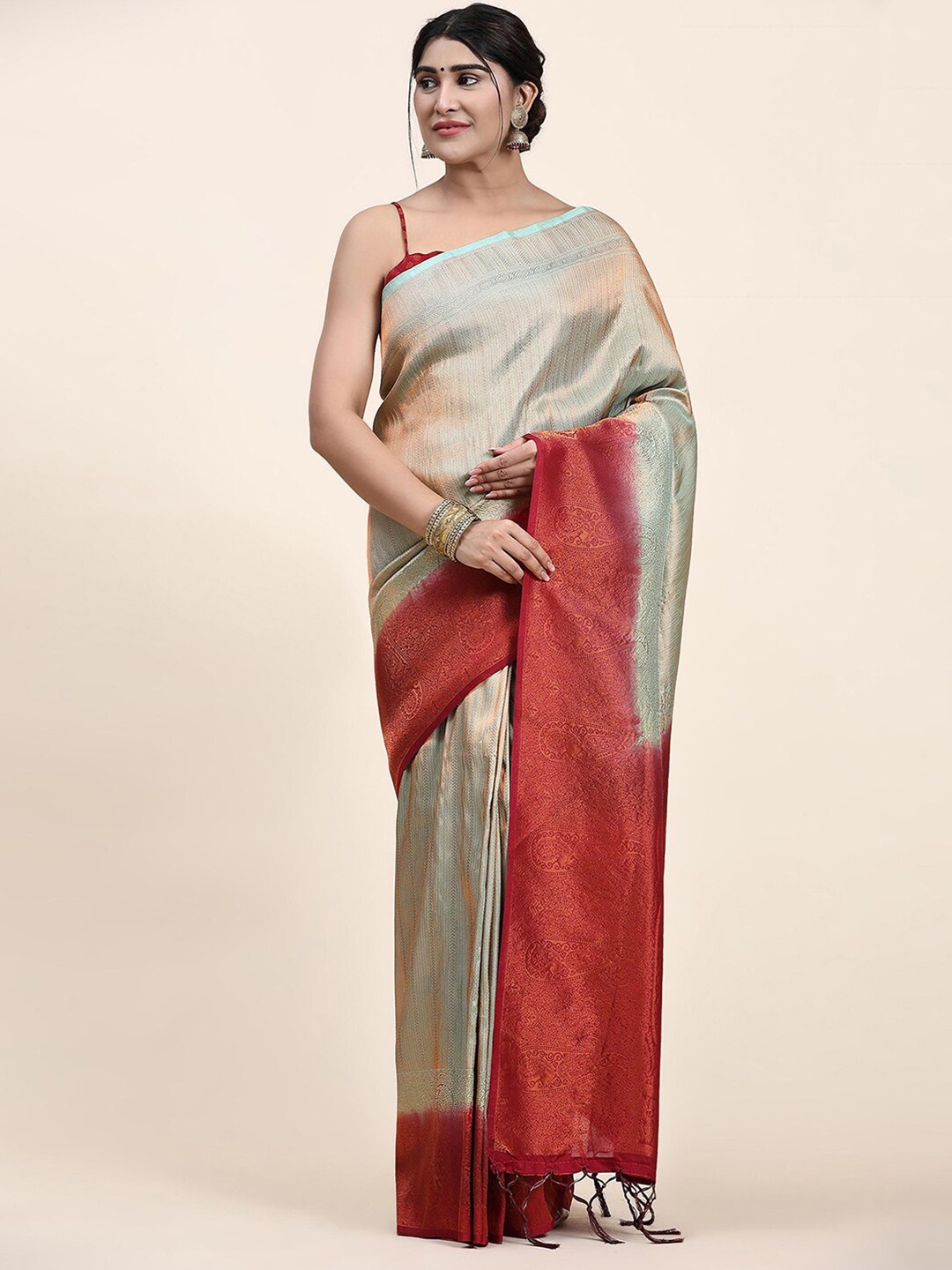 

Satrani Green & Red Woven Design Zari Saree
