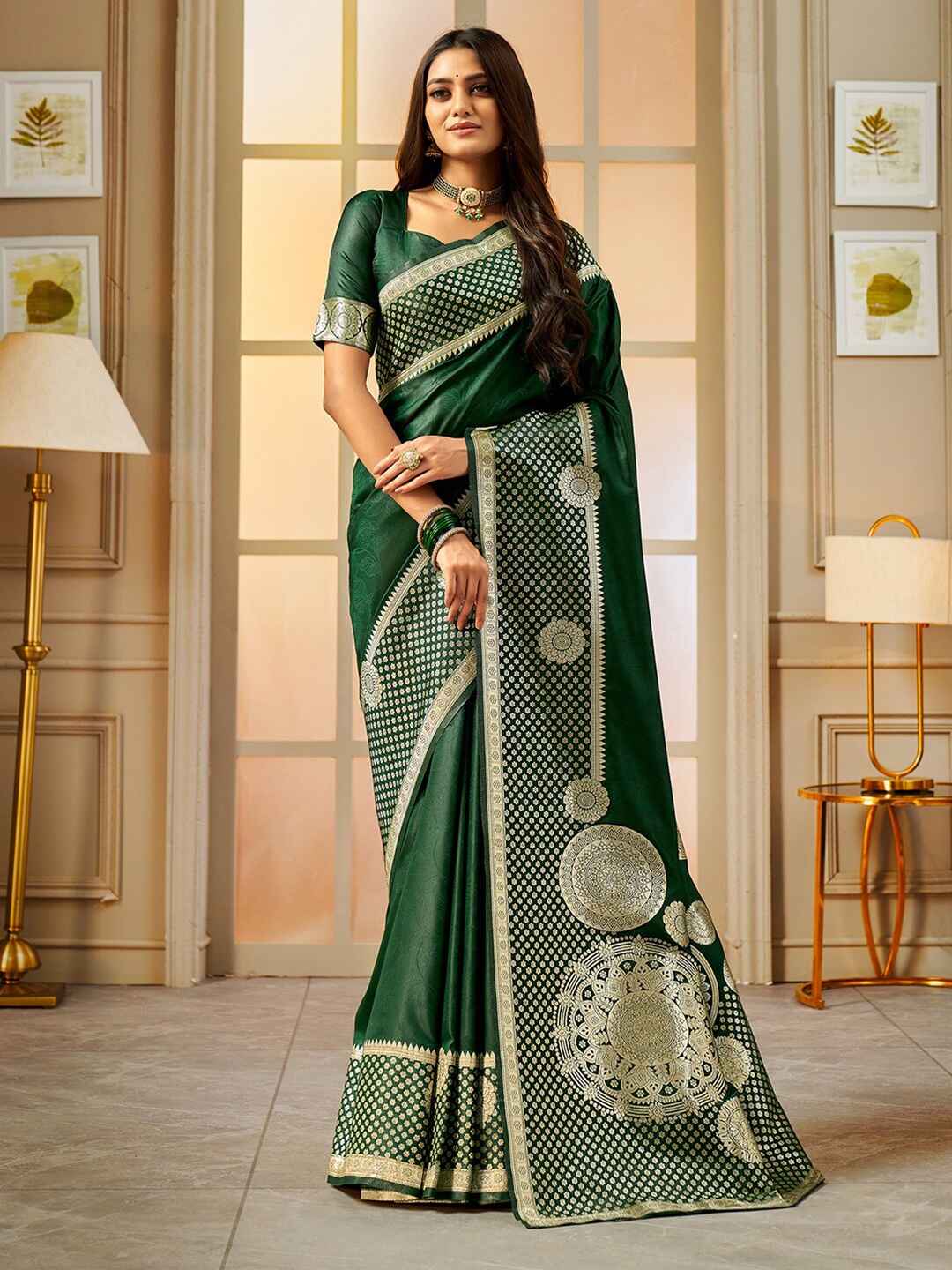 

Satrani Green & Gold Woven Design Zari Silk Cotton Banarasi Saree