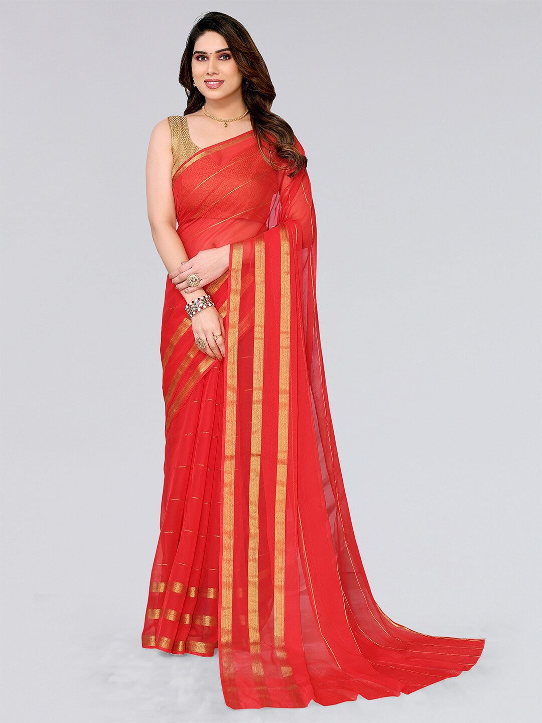 

SIRIL Striped Zari Saree, Red