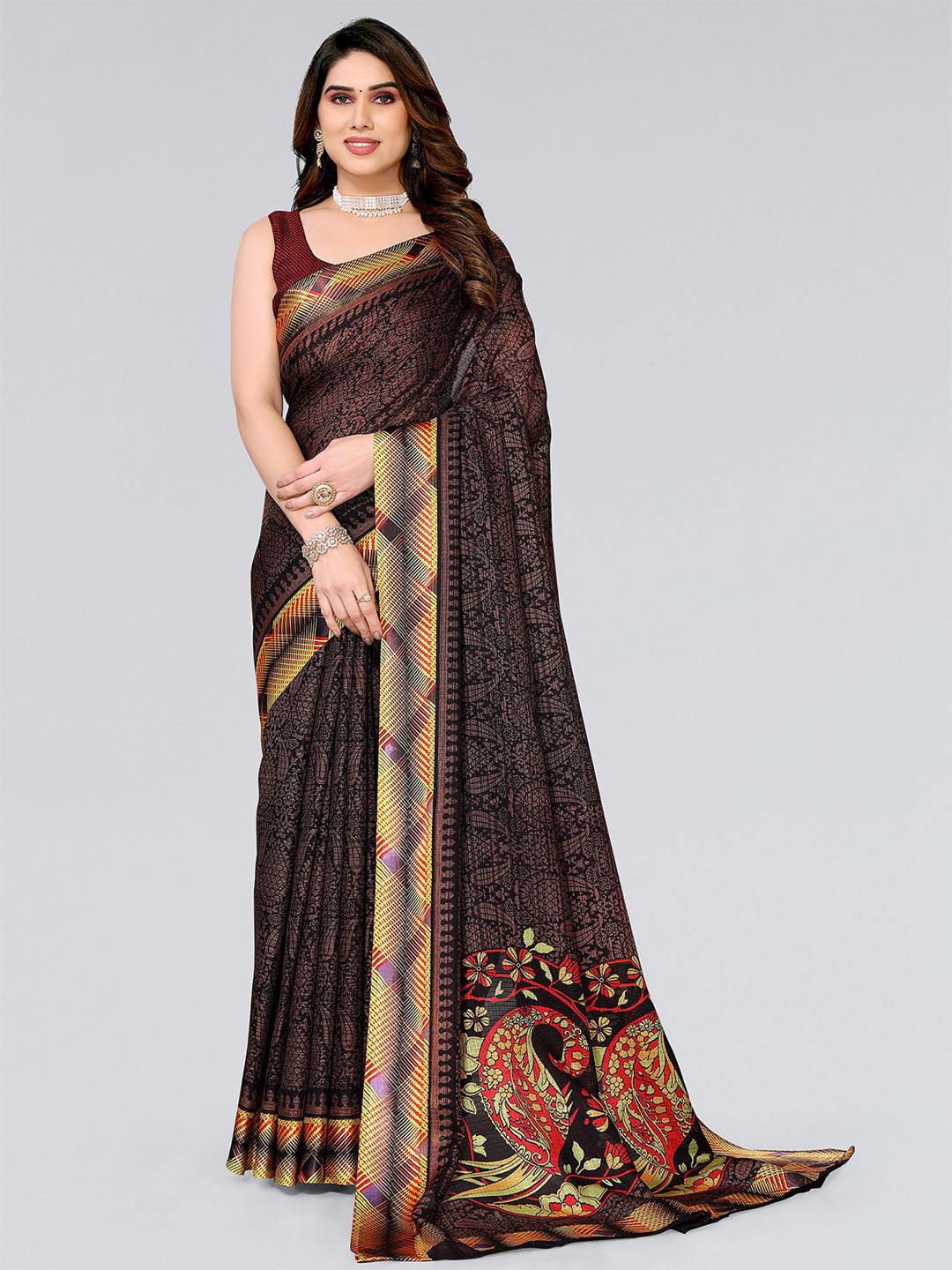 

SIRIL Paisley Printed Jute Cotton Saree, Black
