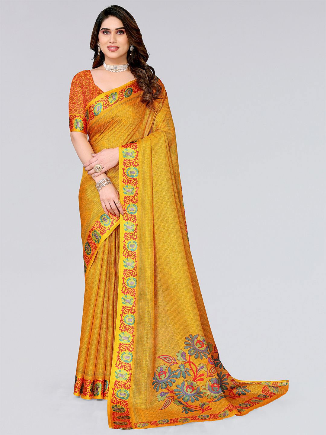 

SIRIL Floral Printed Jute Cotton Saree, Yellow