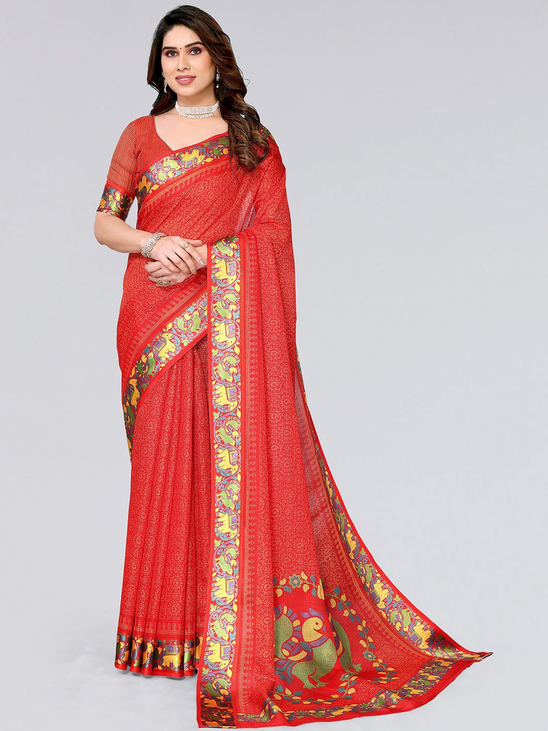 

SIRIL Paisley Printed Jute Cotton Saree, Red