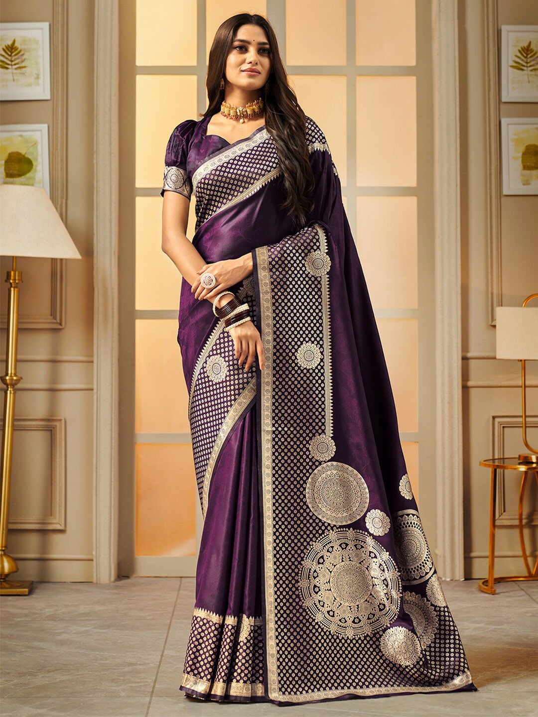 

Mitera Woven Design Zari Silk Cotton Banarasi Saree, Purple