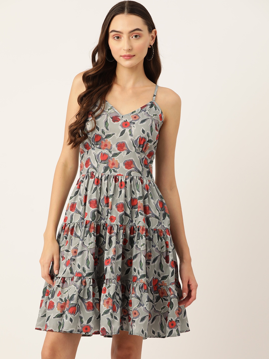 

Rue Collection Floral Print Crepe Fit & Flare Dress, Grey