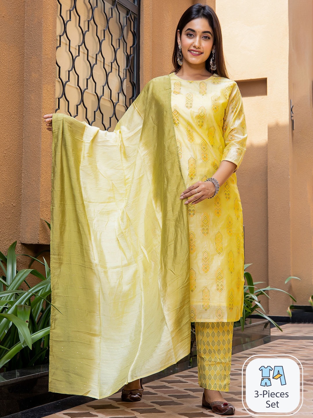 

misbis Women Ethnic Motifs Printed Regular Chanderi Cotton Kurta with Trousers & Dupatta, Yellow