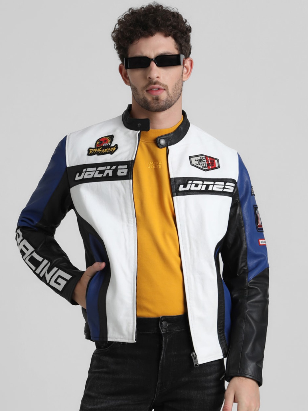 

Jack & Jones Colourblocked Leather Biker Jacket with Patchwork, White