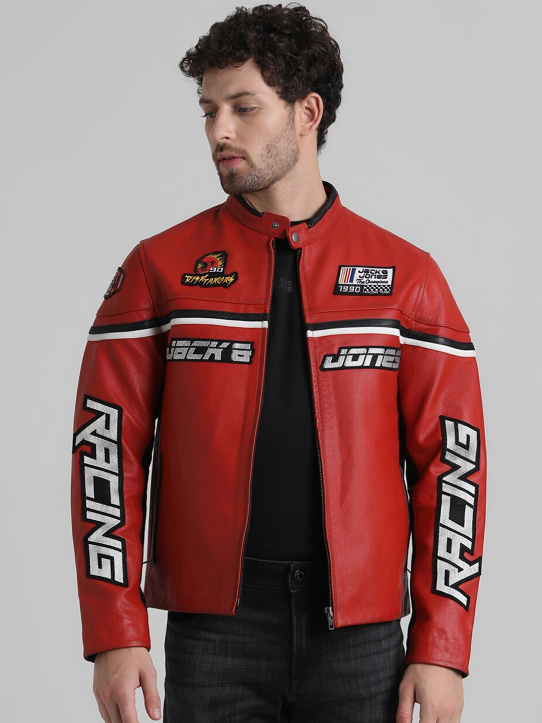 

Jack & Jones Typography Printed Leather Biker Jacket With Patchwork, Red