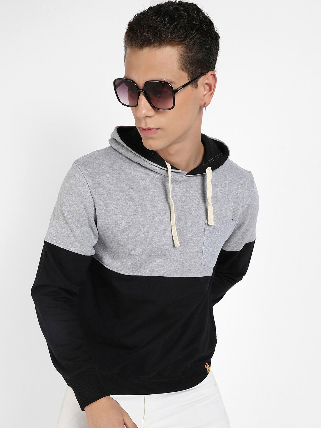 

Campus Sutra Colourblocked Hooded Pure Cotton Pullover Sweatshirt, Black