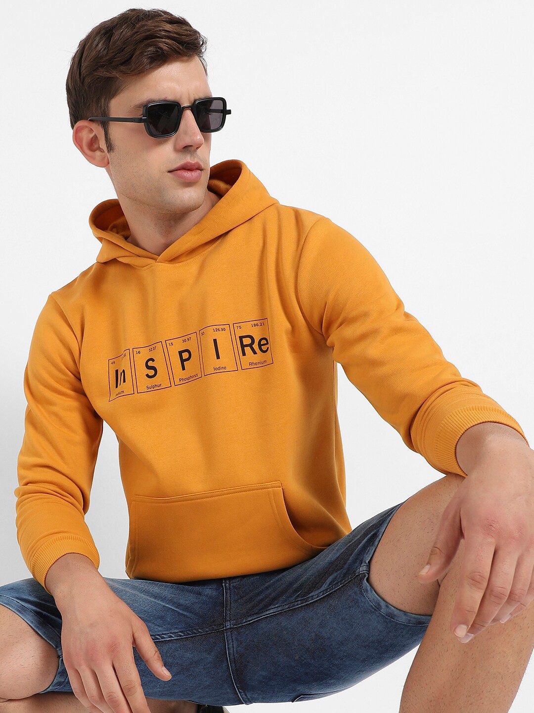 

Campus Sutra Typography Printed Hooded Pure Cotton Pullover Sweatshirt, Mustard