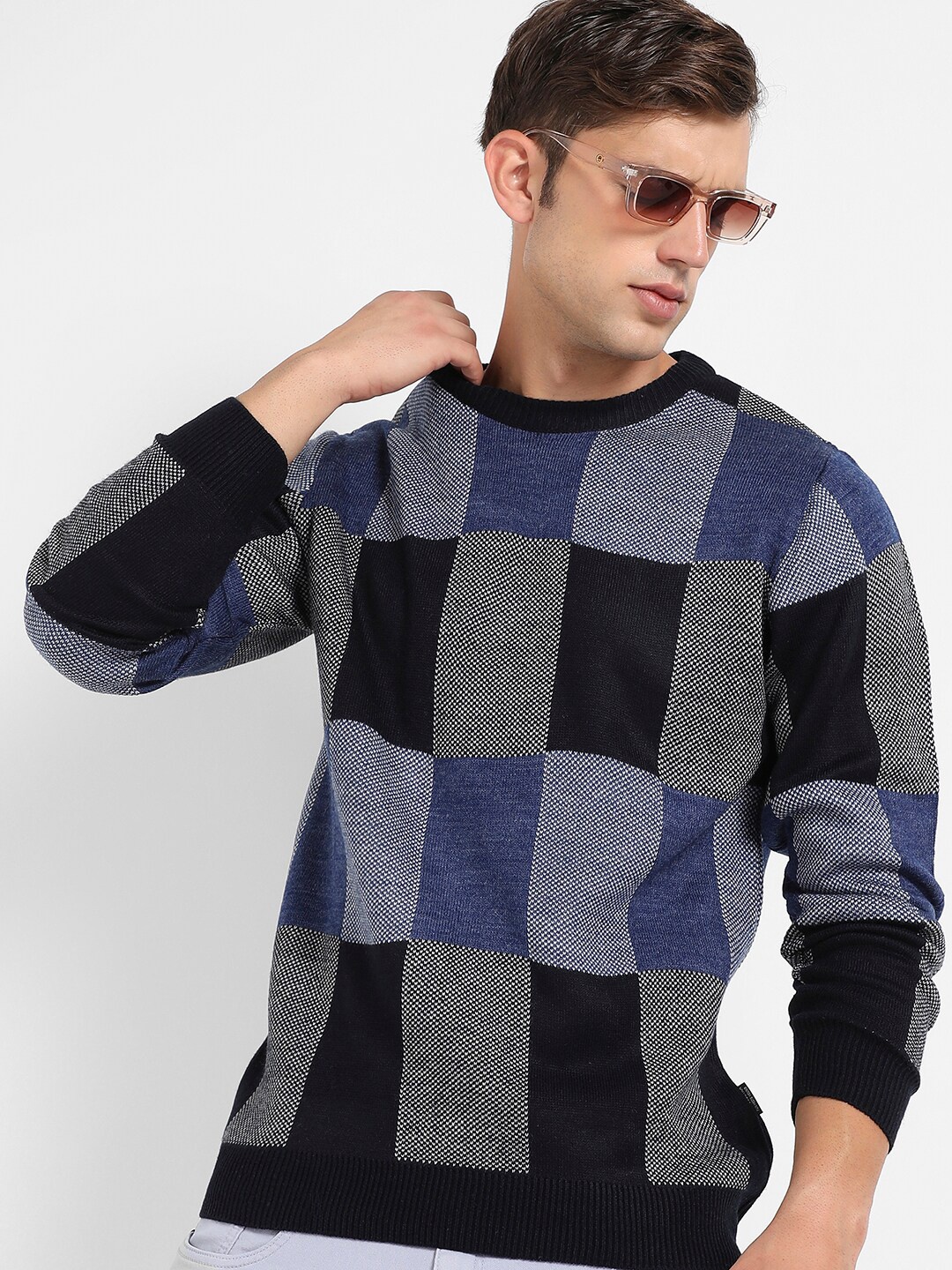 

Campus Sutra Checked Ribbed Woollen Pullover, Blue