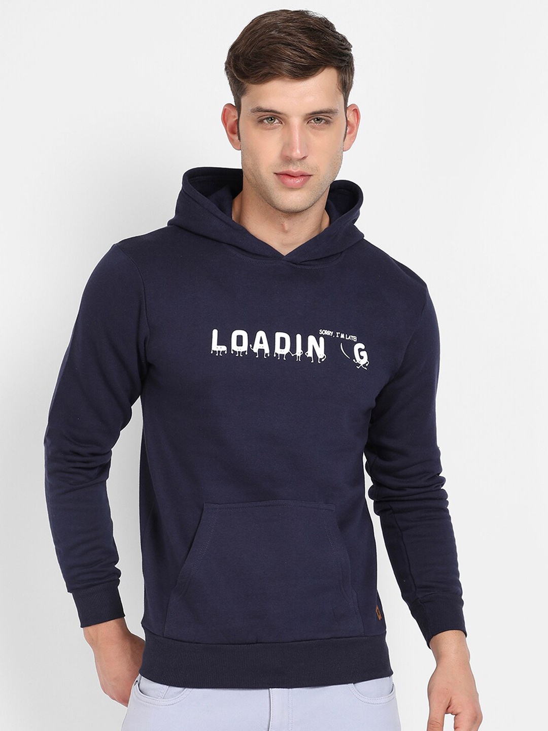 

Campus Sutra Typography Printed Hooded Cotton Pullover Sweatshirt, Navy blue