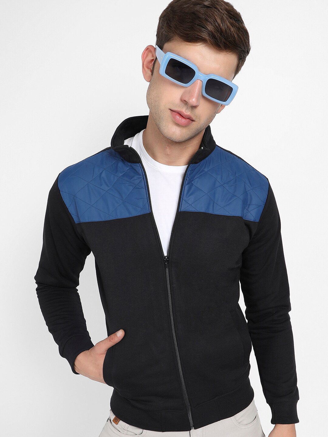 

Campus Sutra Colourblocked Quilted Windcheater Bomber Jacket, Black