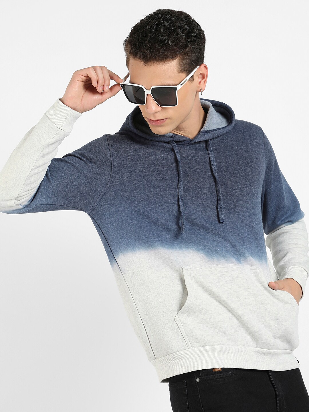 

Campus Sutra Colourblocked Hooded Cotton Pullover Sweatshirt, Blue