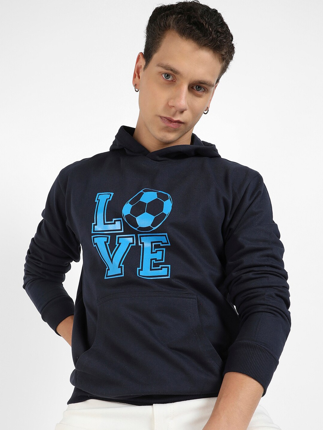 

Campus Sutra Typography Printed Hooded Cotton Pullover Sweatshirt, Navy blue