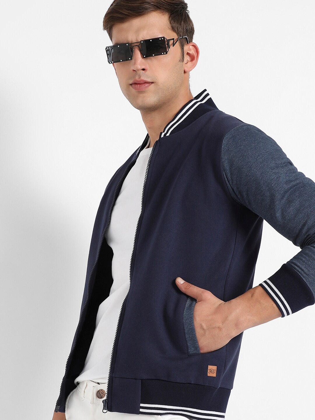 Campus Sutra Cotton Windcheater Bomber Jacket, Navy blue