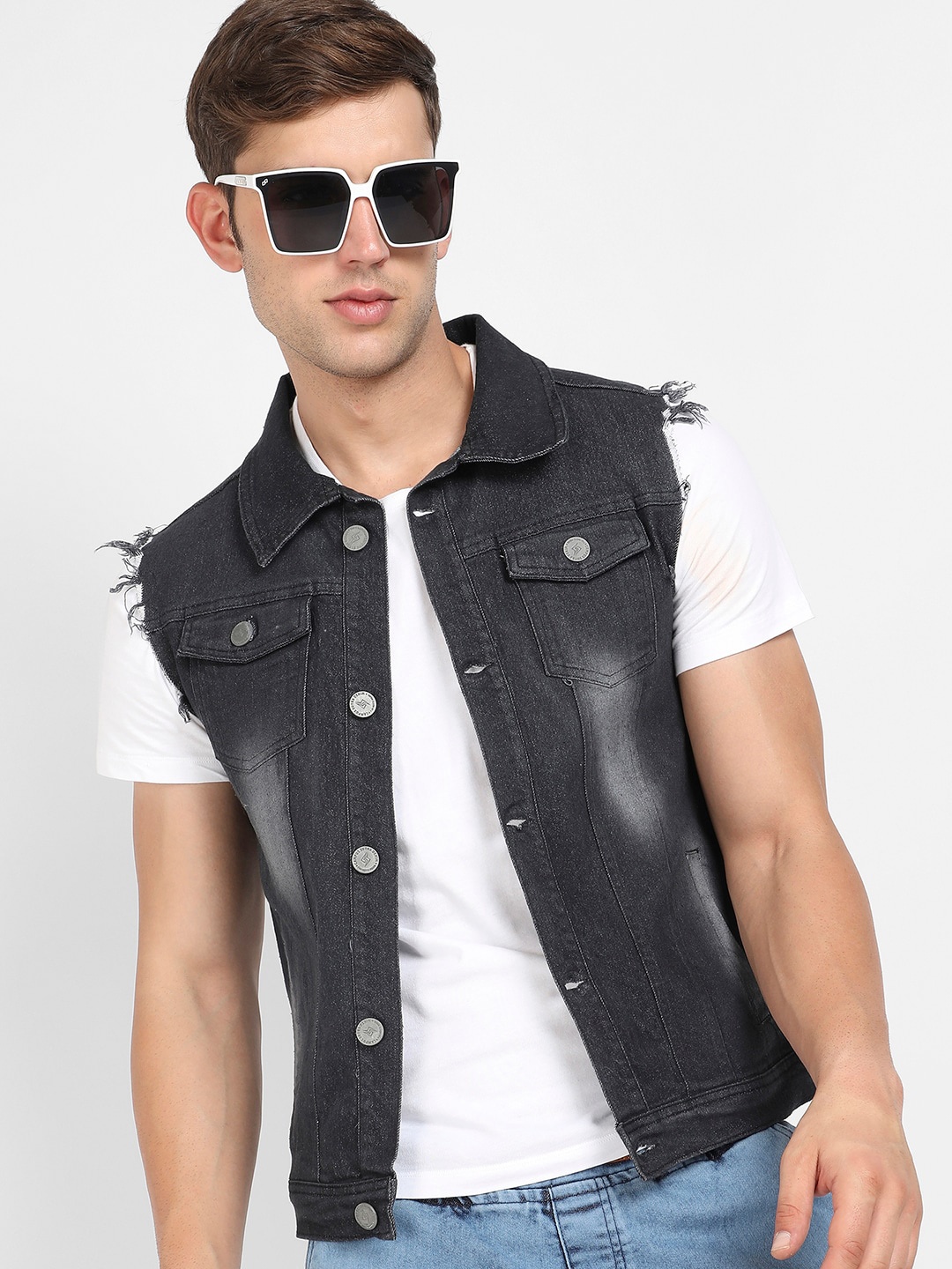 

Campus Sutra Black Windcheater Spread Collar Washed Cotton Denim Jacket