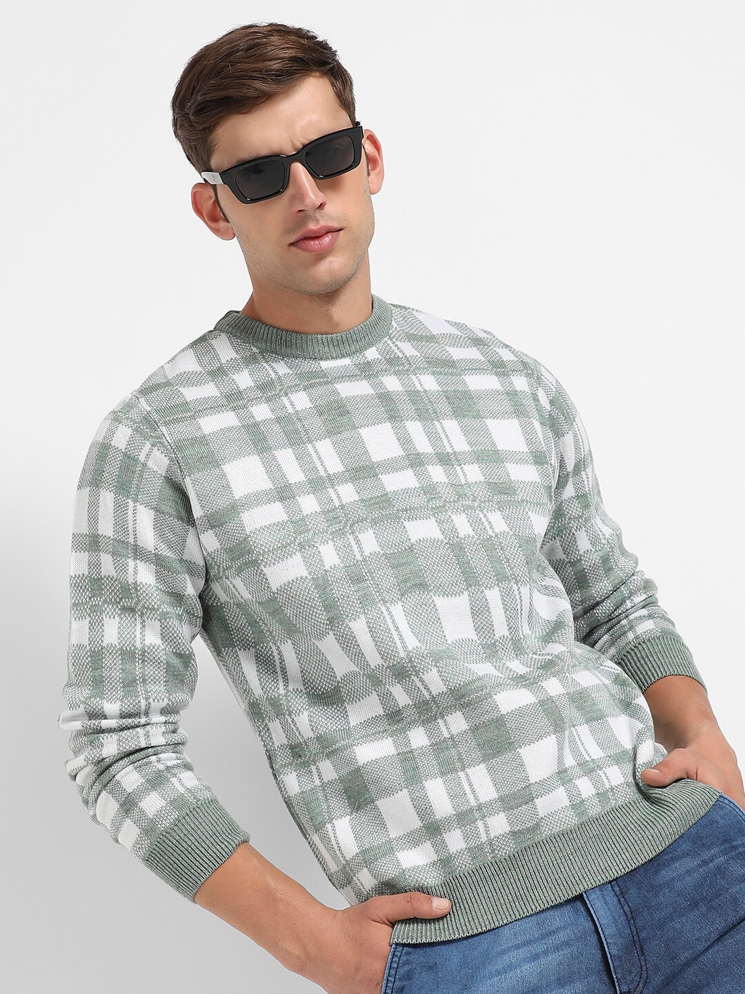 

Campus Sutra Checked Ribbed Woollen Pullover, Sea green