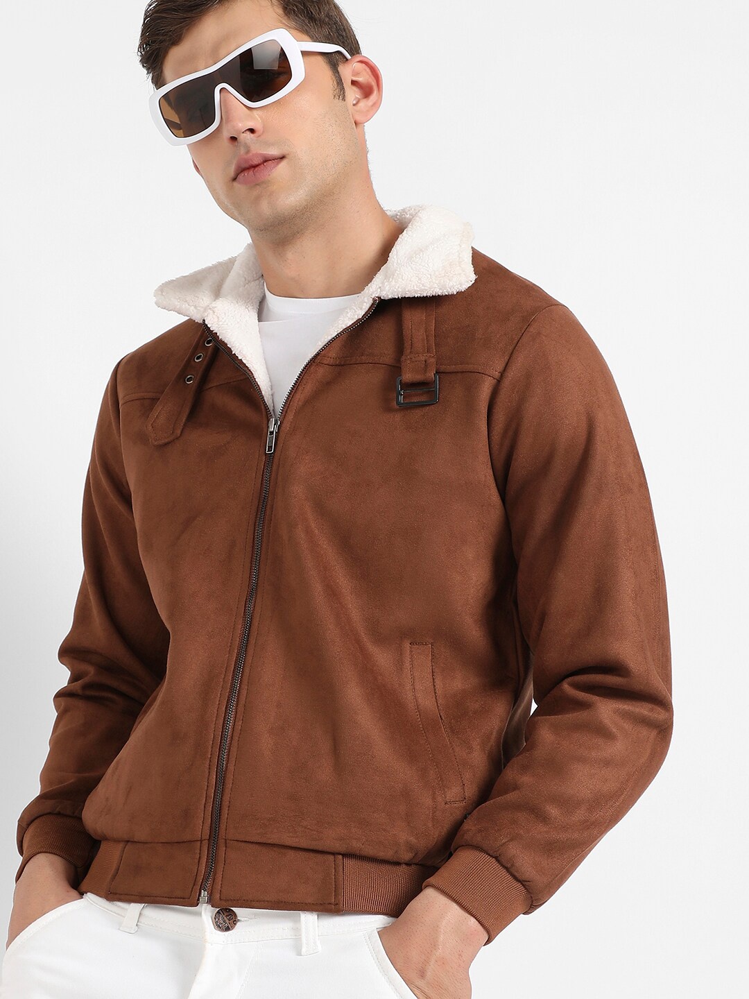 

Campus Sutra Brown Windcheater Spread Collar Suede Tailored Jacket