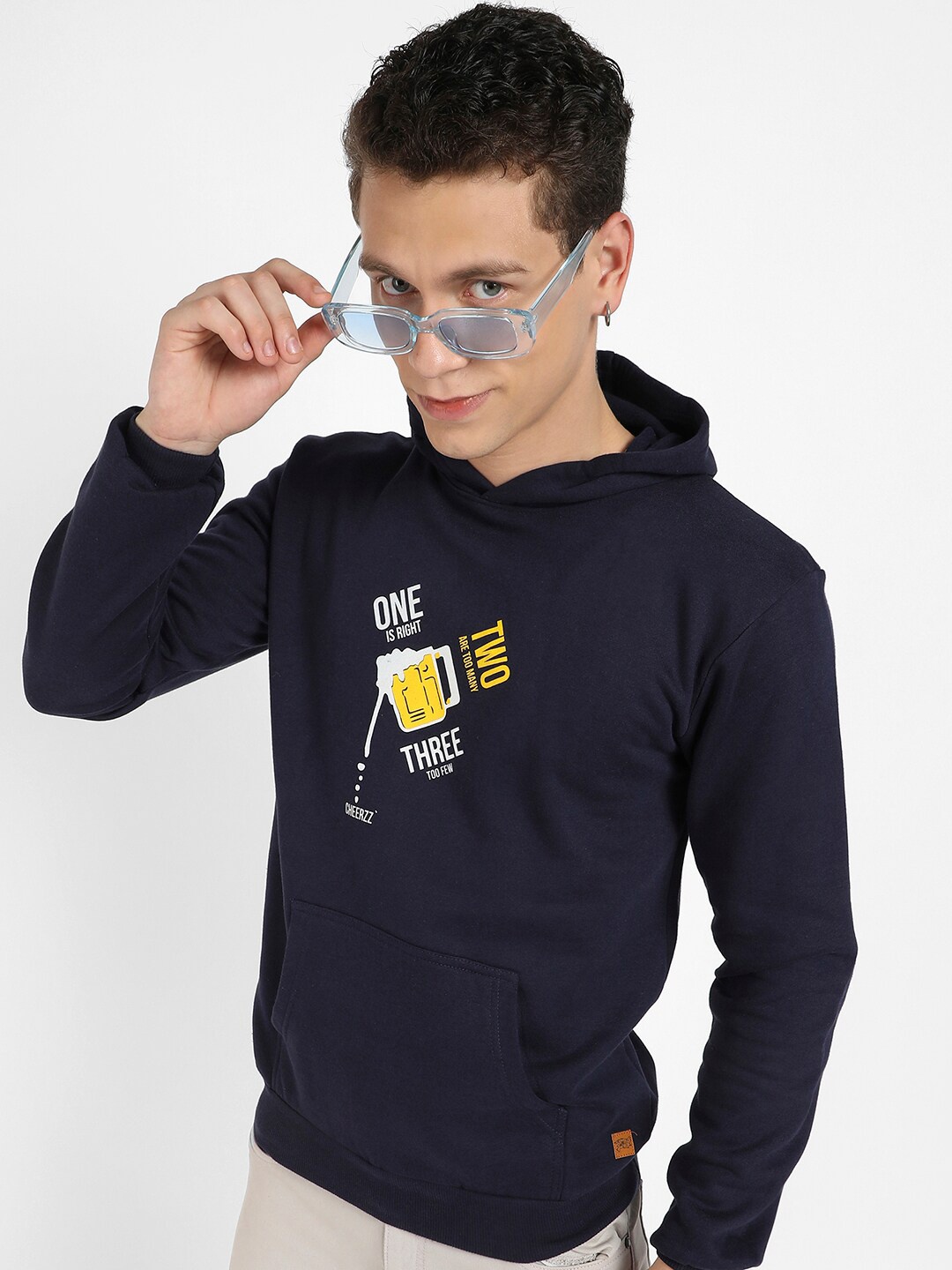 

Campus Sutra Typography Printed Hooded Cotton Pullover Sweatshirt, Navy blue