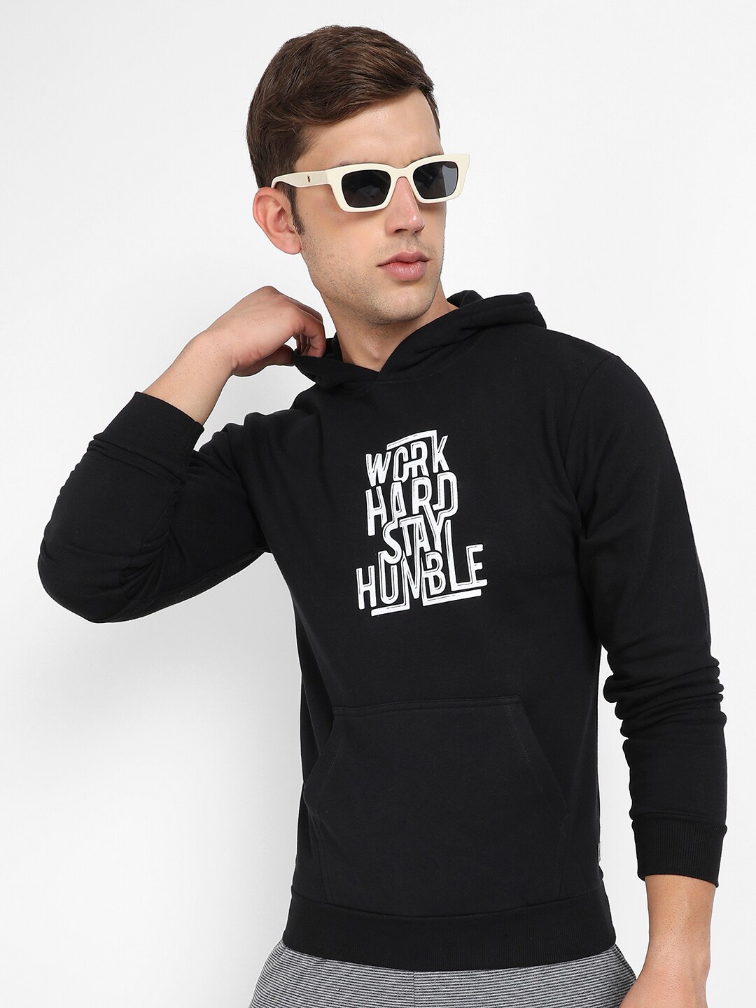 

Campus Sutra Typography Printed Hooded Cotton Pullover Sweatshirt, Black