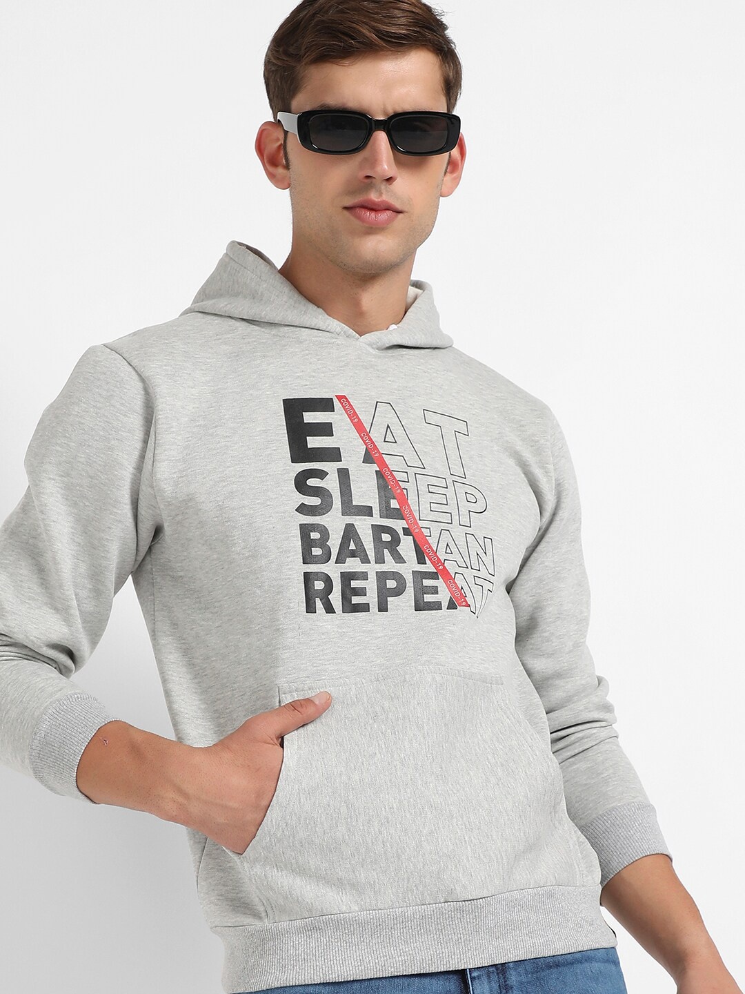 

Campus Sutra Typography Printed Hooded Cotton Pullover Sweatshirt, Grey