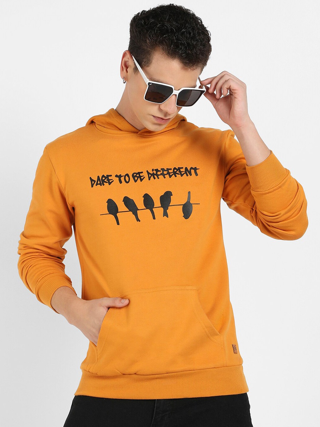 

Campus Sutra Typography Printed Hooded Cotton Pullover Sweatshirt, Mustard