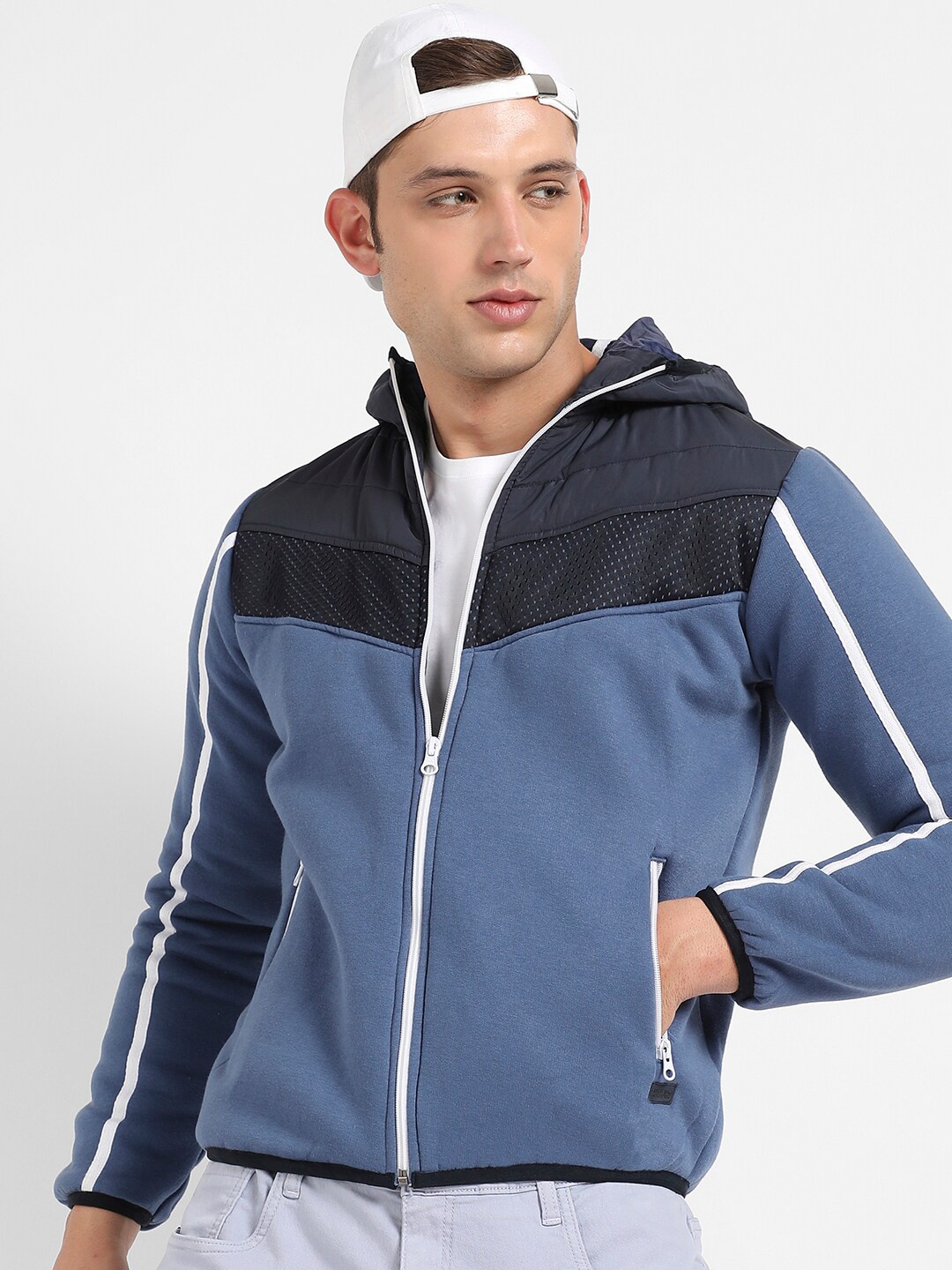 Campus Sutra Blue & Black Colourblocked Hooded Windcheater Bomber Jacket