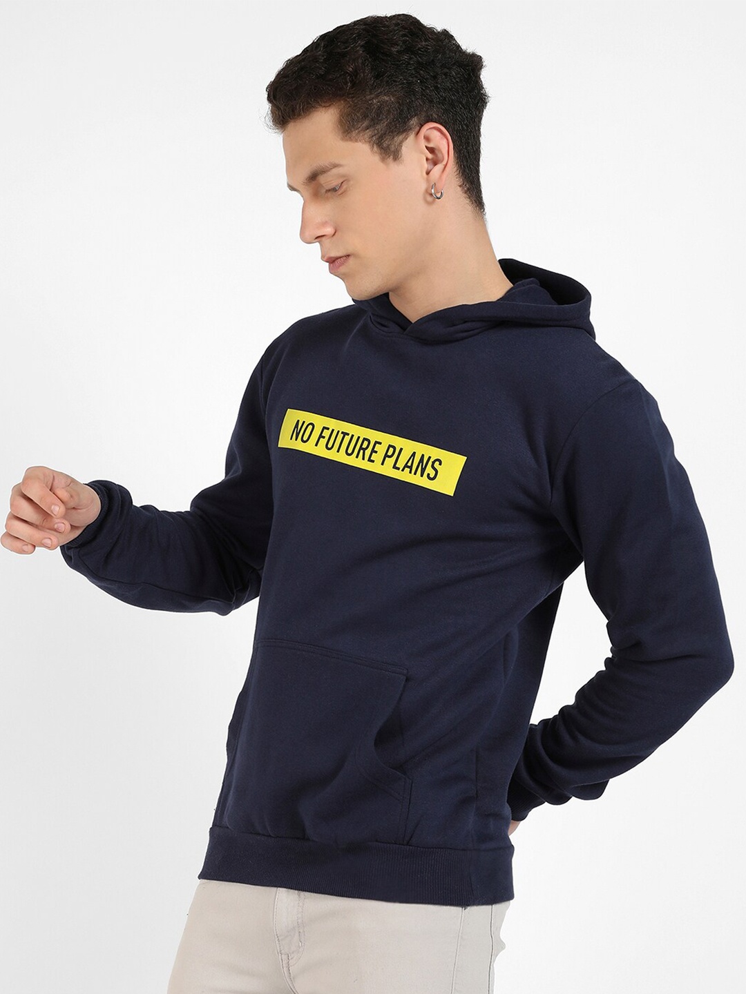 

Campus Sutra Typography Printed Hooded Pure Cotton Pullover Sweatshirt, Navy blue