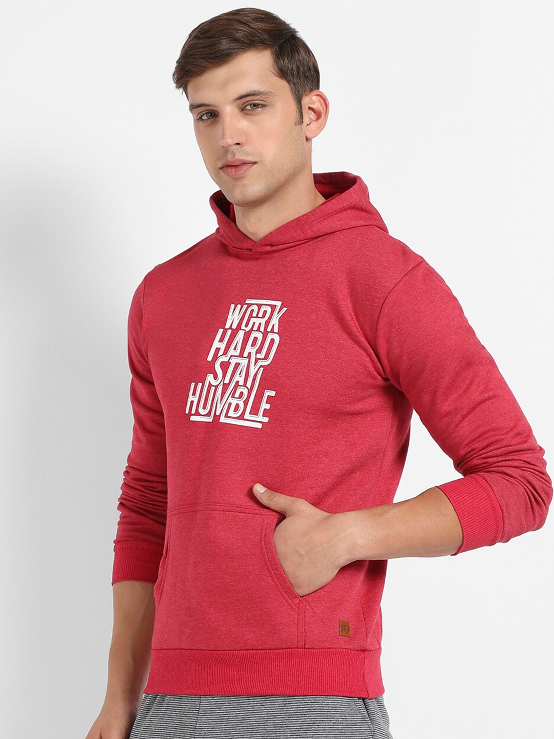 

Campus Sutra Typography Printed Hooded Pure Cotton Pullover Sweatshirt, Red