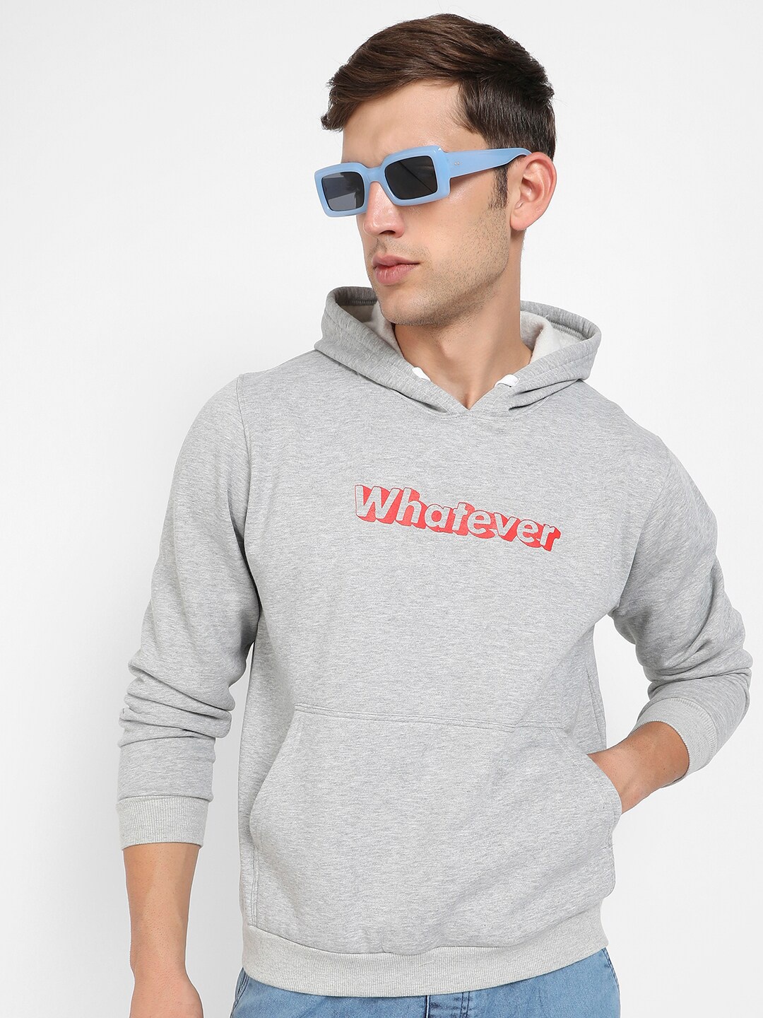 

Campus Sutra Typography Printed Hooded Cotton Pullover Sweatshirt, Grey