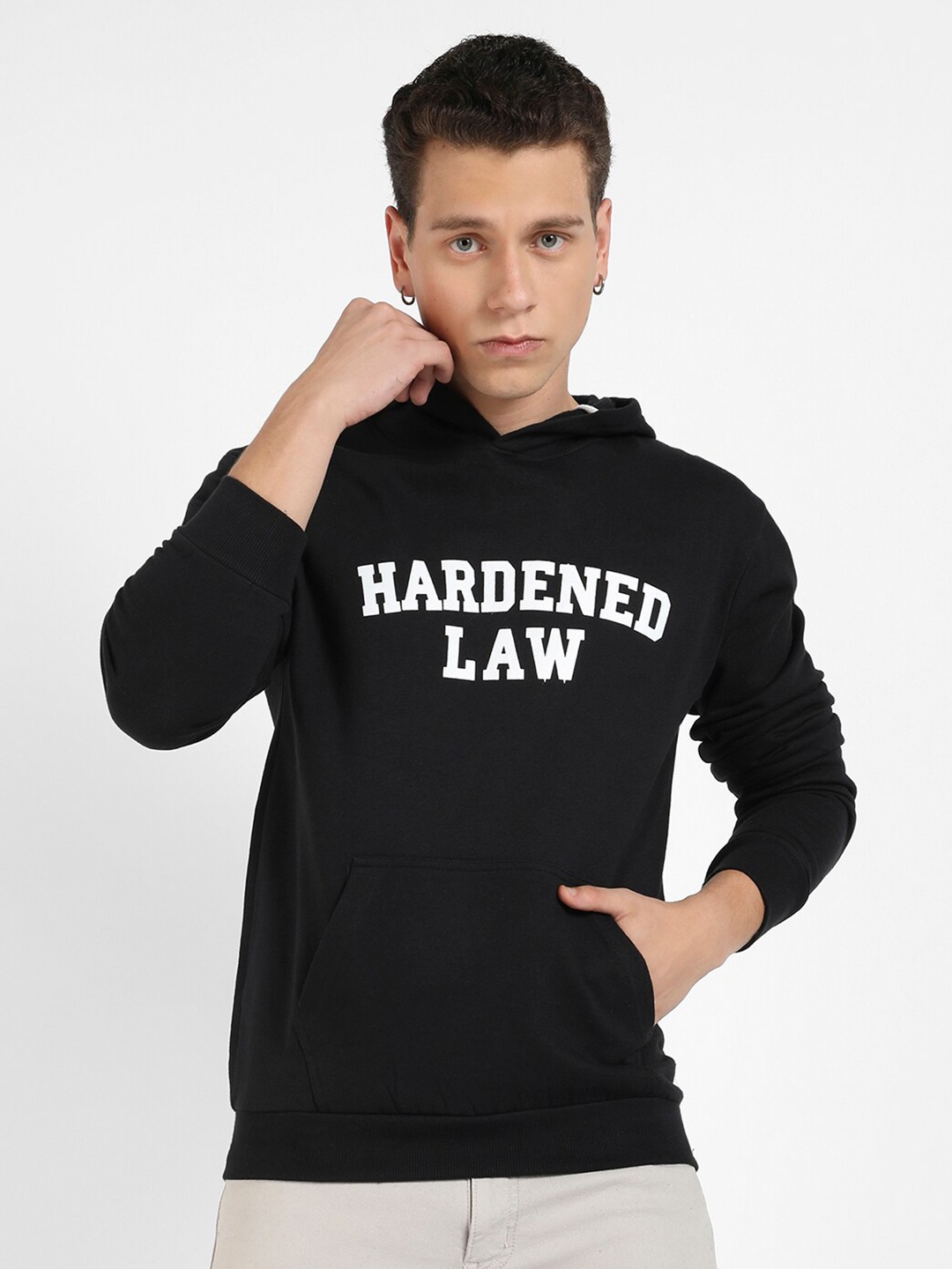 

Campus Sutra Typography Printed Hooded Cotton Pullover Sweatshirt, Black