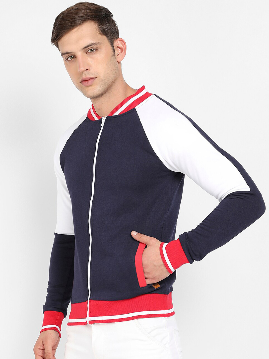 

Campus Sutra Navy Blue & Black Colourblocked Windcheater Mock Collar Cotton Bomber Jacket