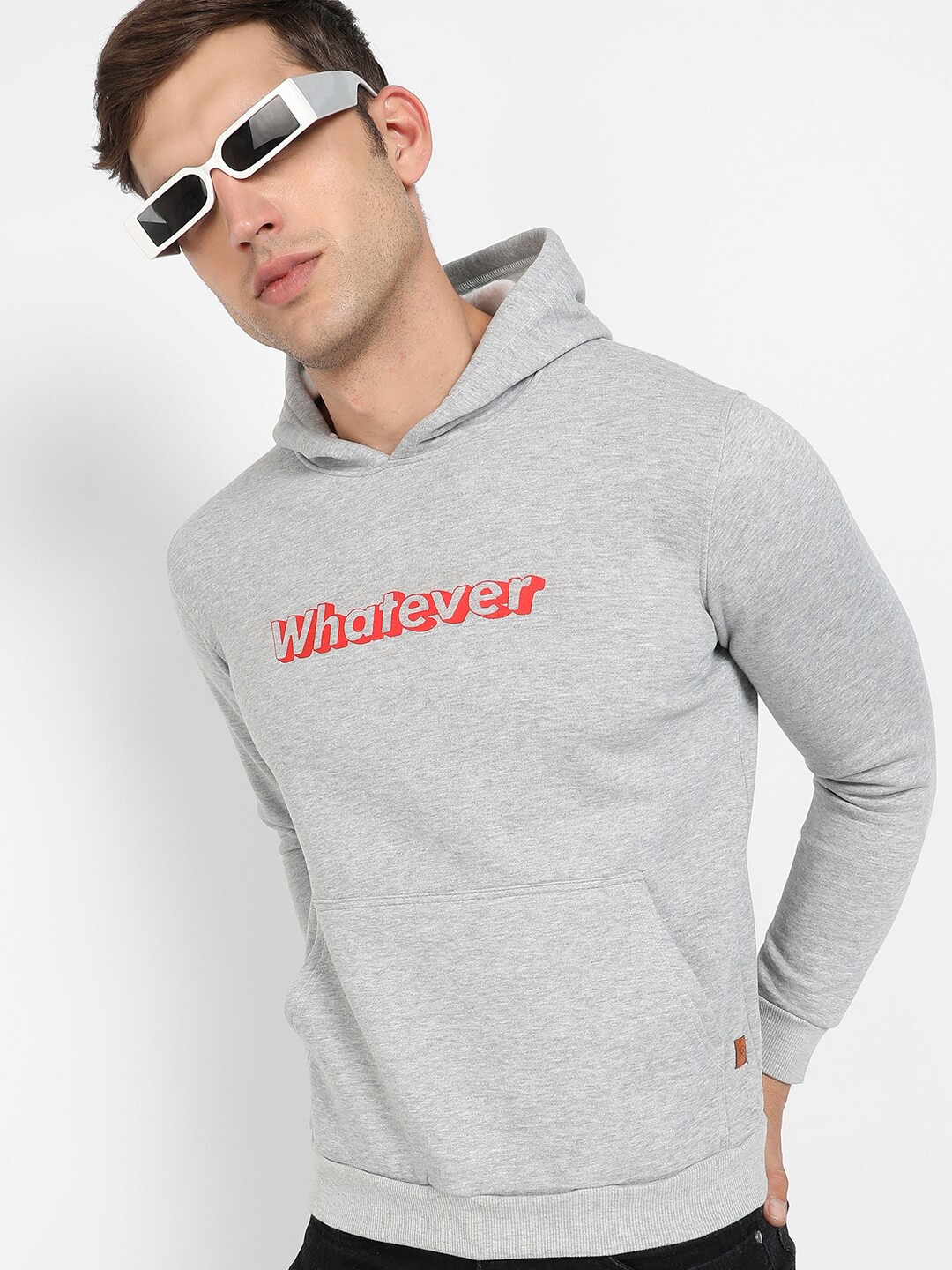 

Campus Sutra Typography Printed Hooded Cotton Pullover Sweatshirt, Grey
